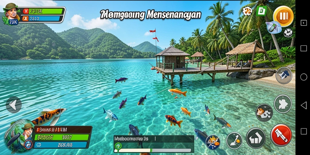 Screenshot utama 73K menampilkan pemain sedang memancing di lokasi indah.