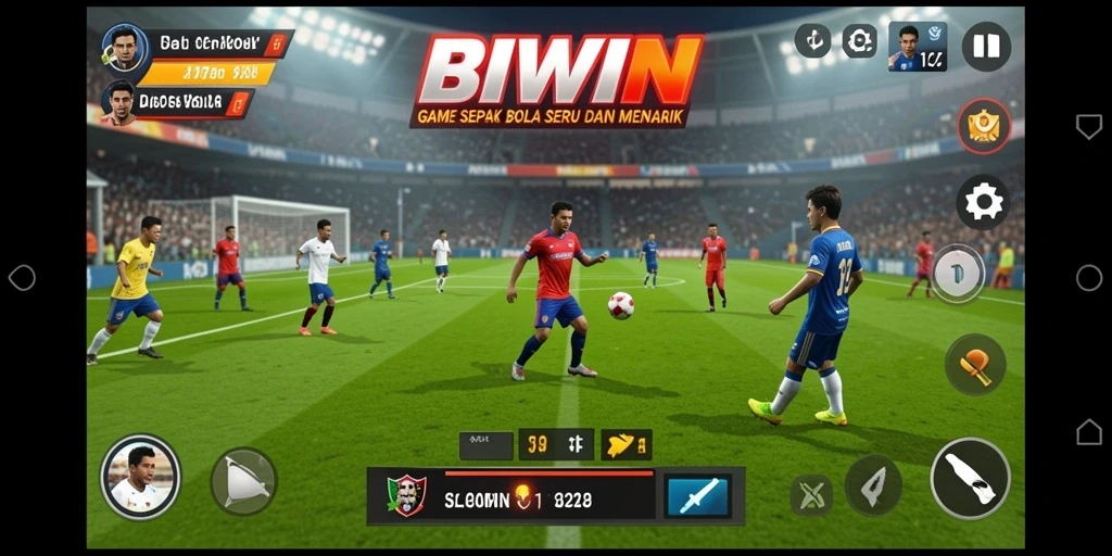 Tangkapan layar utama BIWIN menampilkan aksi sepak bola yang seru dan dinamis.