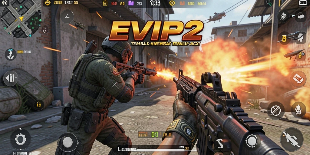 Tampilan gameplay EVIP2 yang penuh aksi tembak-menembak.