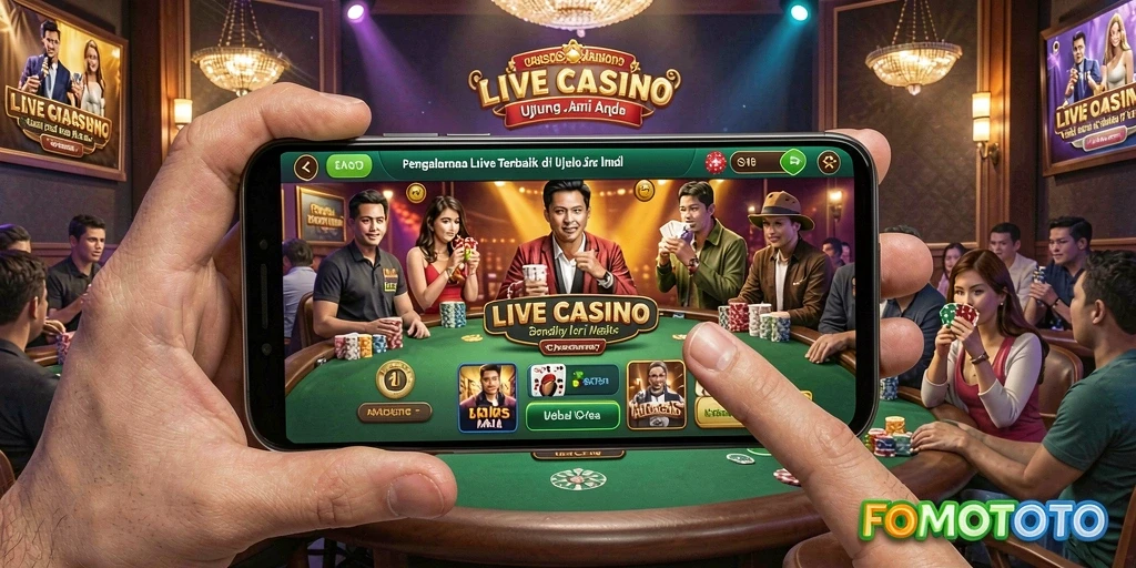 Tampilan gameplay Live Casino FOMOTOTO dengan dealer profesional dan interaksi pemain.