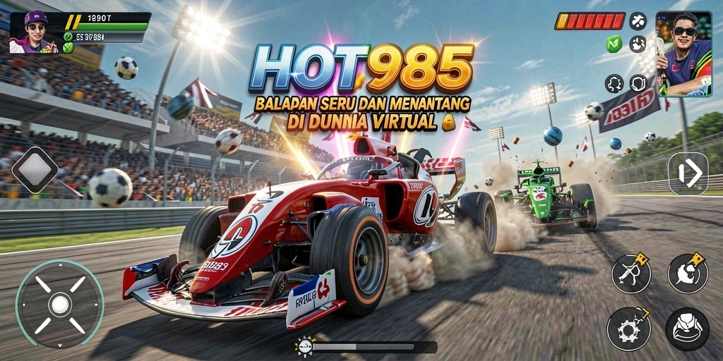 Screenshot HOT985 menampilkan aksi balapan yang intens dan mobil-mobil menawan.
