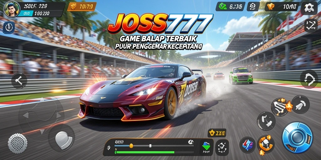 Tampilan gameplay JOSS777 dengan mobil balap cepat dan trek menantang.