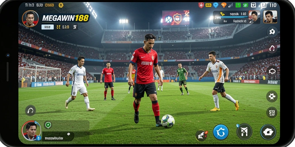 Screenshot MEGAWIN188 menampilkan aksi mendebarkan di lapangan sepak bola.