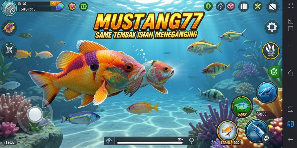 Screenshot gameplay <strong>MUSTANG77</strong> dengan aksi Tembak Ikan yang mendebarkan.