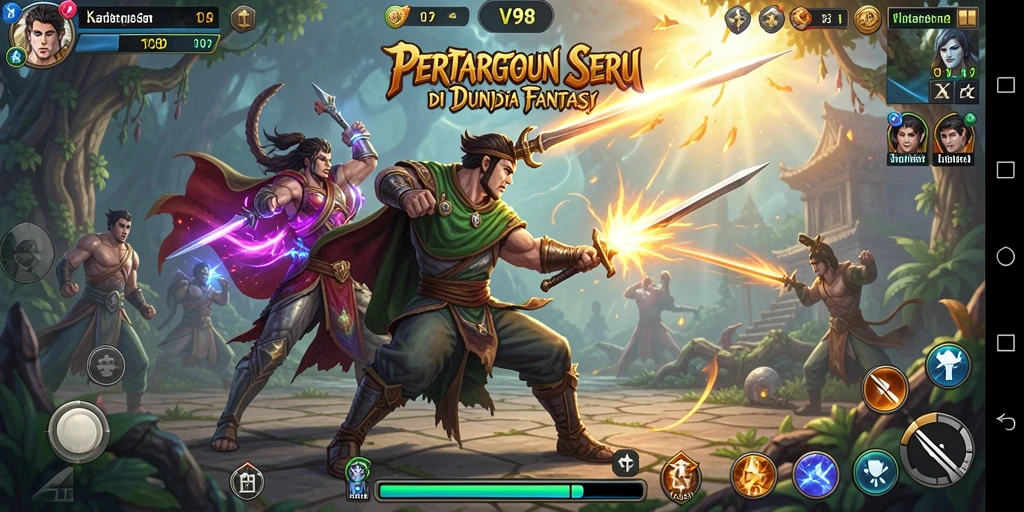 Screenshot V98 menampilkan pertarungan epic dengan karakter yang berbeda.