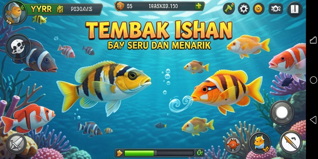 Tampilan gameplay seru di YYRR saat menembak ikan.