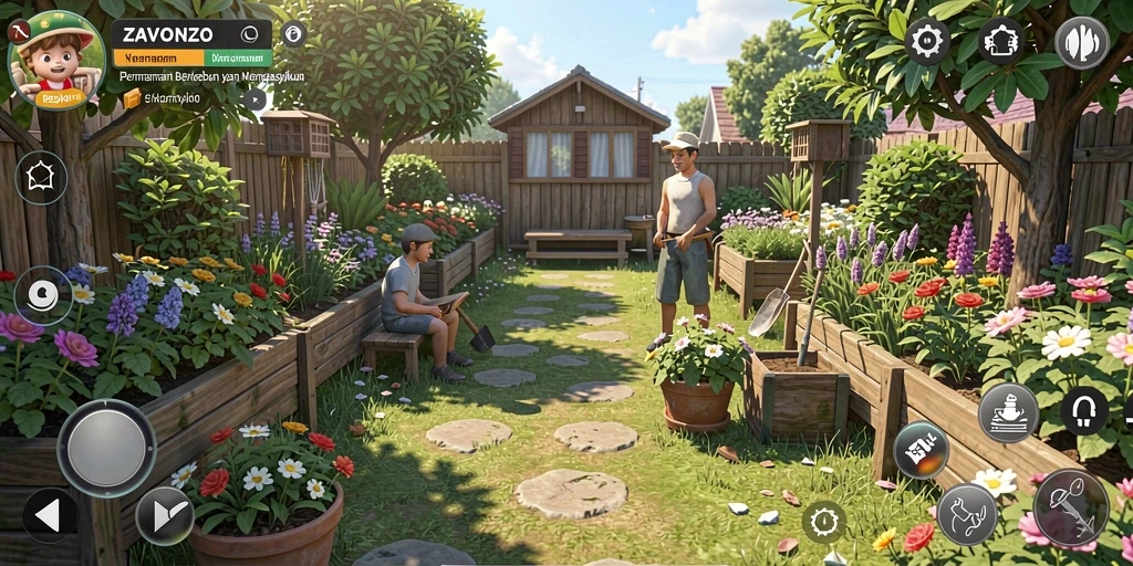 Gameplay <strong>ZAVONZO</strong> yang menampilkan kebun yang indah dan penuh warna.